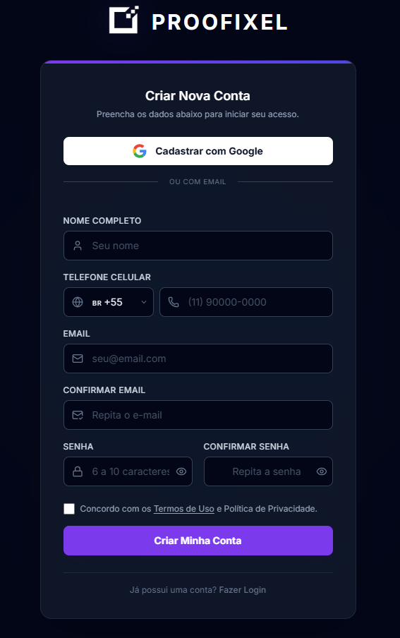 Tela de Cadastro Proofixel